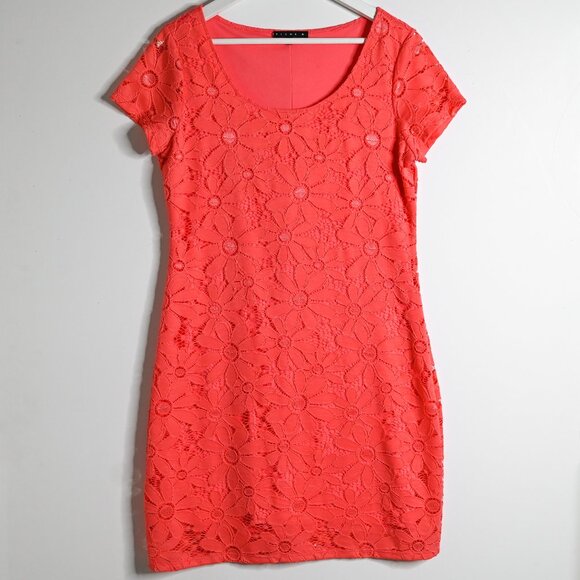 TIANA B. Coral Floral Lace Overlay Short Sleeve Dress - Size Medium - Picture 2 of 13